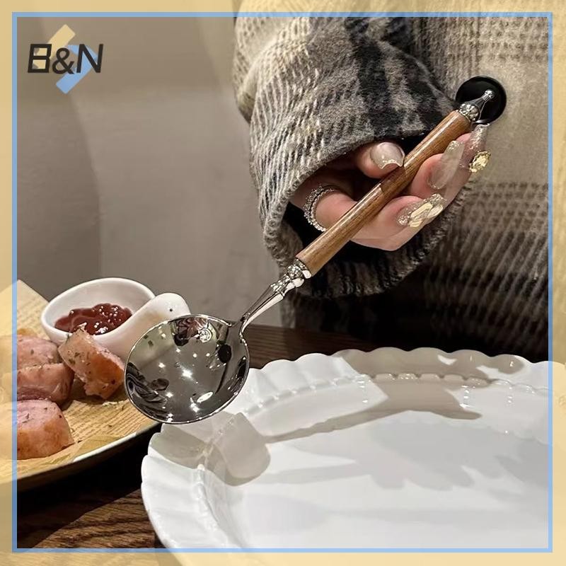 B & N Thép Không Gỉ Thìa Tròn Lưới Đỏ Vàng Bữa Tối Tay Cầm Dài Khuấy Thìa Tráng Miệng Cho Phụ Kiện Nhà Bếp Tiện Ích.