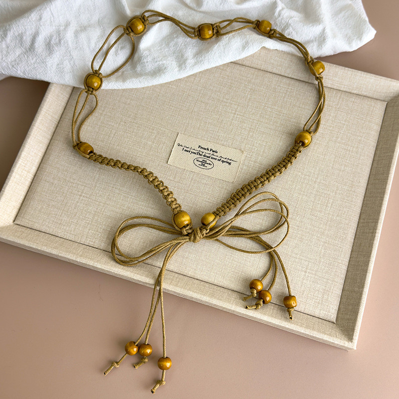 Thắt lưng bohemian phong cách dân tộc nâu, bện viền, phù hợp với váy