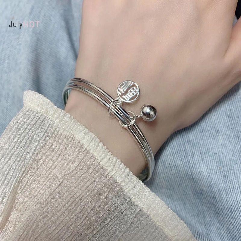JULYHOT Thời Trang May Mắn Hai Lớp Fu Vòng Tay Bạc Xu Hướng Mặt Dây Chuyền Thanh Lịch Lắc Tay Cho Nữ Có Thể Điều Chỉnh Massivedeals
