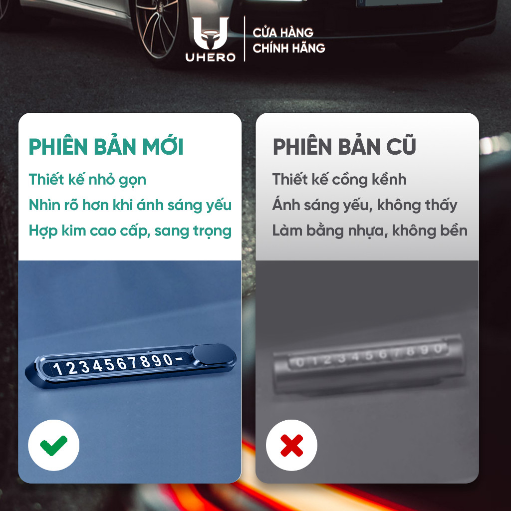 Bảng số điện thoại ô tô UHERO BS02 gắn taplo, chất liệu bằng kim loại, số phát quang