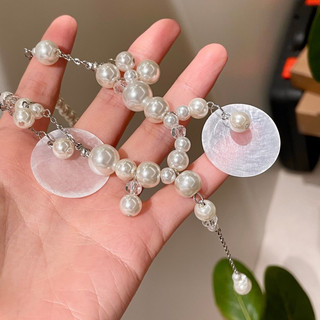 Vòng cổ tua rua chắp vá ngọc trai nhỏ và lớn, dây chuyền xương đòn vỏ tròn, vòng cổ hạt gradient, vòng cổ thích hợp