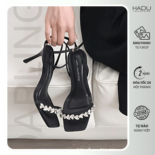 Giày Sandal Cao Gót 7P MILIA Quai Đính Đá HADU MM7129 Da PU Cao Cấp Đế Chống Trượt  BH 12T