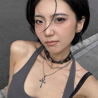 Vòng Cổ Da Có Chữ Thập Quyến Rũ - Punk, Gothic, Vintage - Dành Cho Bé Gái Cay - Phụ Kiện Trang Sức - Vòng Cổ Đinh Tán Hai Lớp