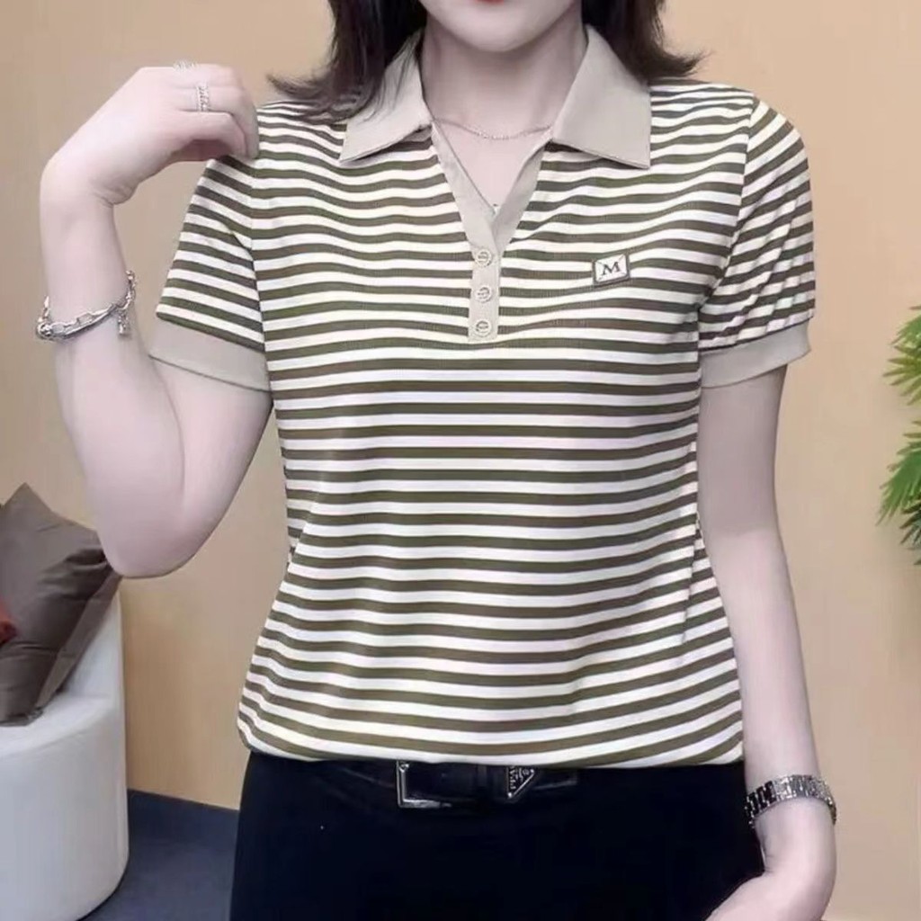 Áo thun nữ mới mùa hè có ve áo ngắn tay sọc cỡ lớn