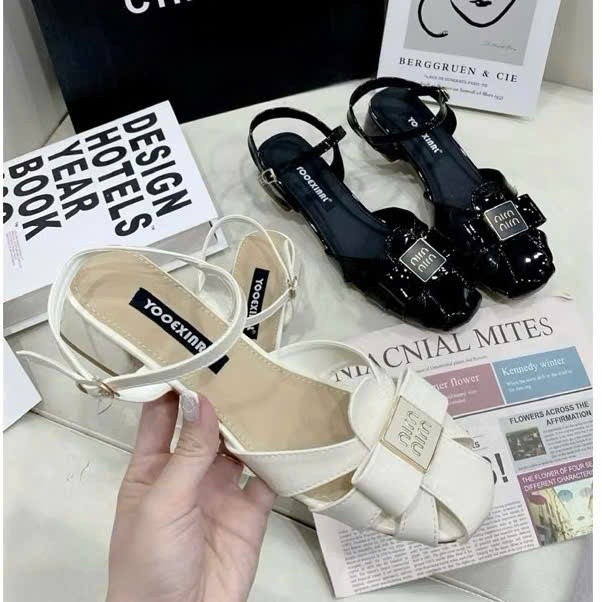 Dép Xăng Đan Mũi Rọ Nơ Min, Giày Sandal Nữ Mũi Tròn Đế Vuông 3cm, 5cm Da Bóng Hottrend - Cin Shoes