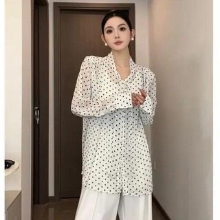 ✨Mùa Hè Retro Pháp Nơ Chấm Bi Voan Áo Sơ Mi Top Rời Lười Tính Khí Chống Nắng Áo Sơ Mi 25.5.29