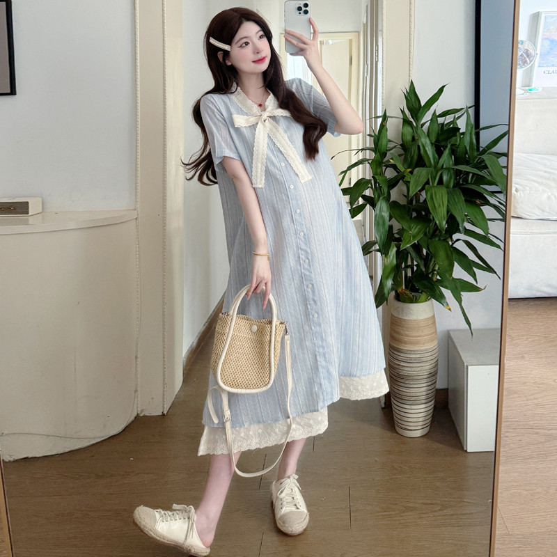 Trang phục bà bầu mùa hè Ren khâu nơ giả hai mảnh