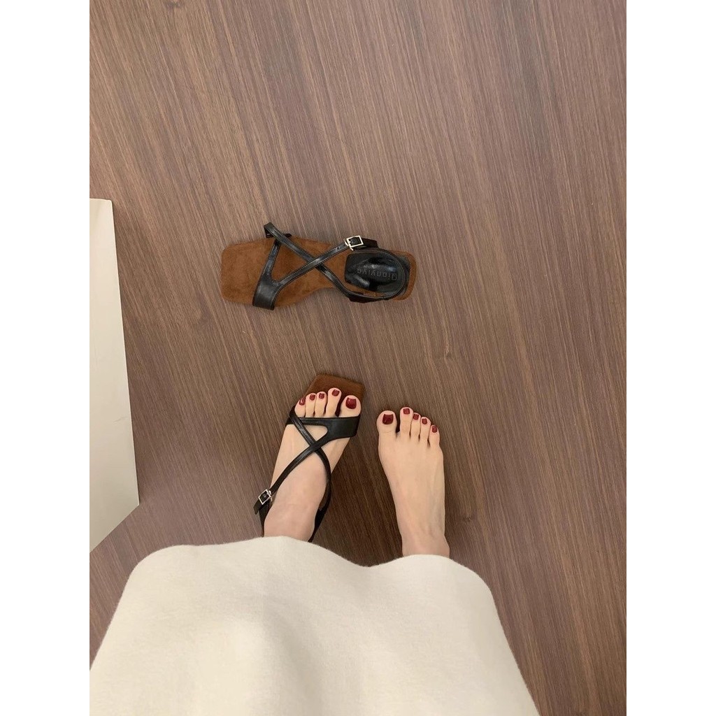 Xăng đan Mũi Vuông Cổ Điển Cho Nữ Phong Cách La Mã Giày Cao Gót Thấp 3cm
