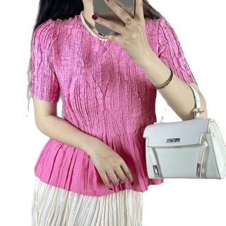Miyake Xếp Ly Thiết Kế Công Nghiệp Nặng Nổi Cổ Tròn Top Mùa Hè Giảm Tuổi Ôm Hơn Nhìn Phù Hợp Với Tính Khí Áo Thun
