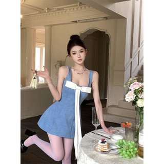 Váy Lửng Nơ Màu Tương Phản Váy Ngắn Chữ A Eo Hot Girl Dáng Người Nhỏ Bé Mùa Hè