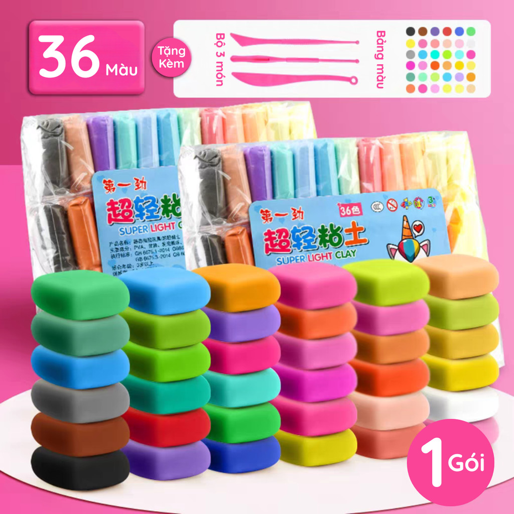 Đất Sét Siêu Nhẹ Không Dính Tay 12/24/36 Màu - Đất Nặn Tự Khô An Toàn Cho Bé & Người Lớn, Handmade Đa Năng