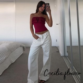 Áo sơ mi nữ Ruffle Bandeau - Không tay quây màu trơn Slim Fit Tube Áo sơ mi dự tiệc Clubwear Mùa hè Dạo phố