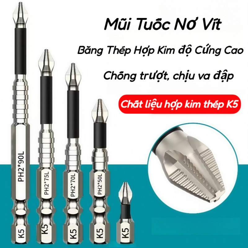Bit tuốc nơ vít chống trượt K5,Đầu bít chống va đập có ren kiểu chữ thập 25-150mm