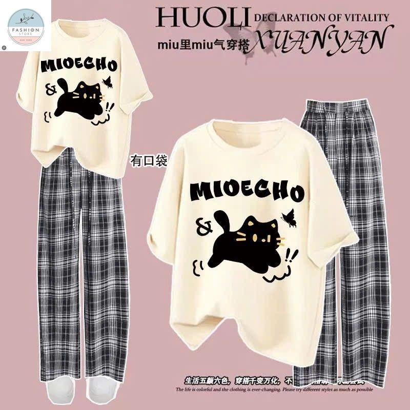 Sét Bộ Quần Ống Suông Kẻ Caro Đen + Mix Áo Phông mèo STUDEN Form Rộng Unisex-QUẦN ÁO 94