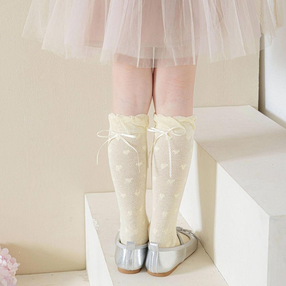 LACYES Trẻ Em Giữa Ống Hàng Dệt Kim, Công Chúa Ngọt Ngào Gothic Ren, Thoáng Khí Mỏng Nơ Cotton Balletcore Tất Trẻ Em