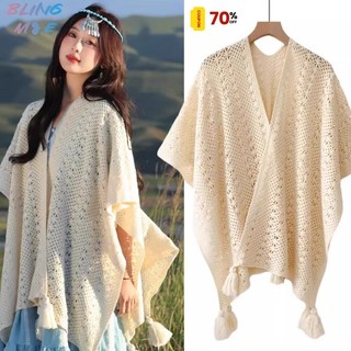 Mùa Xuân Hè 2025 Mỏng Rỗng Ra Khăn Choàng Bao Vintage Phong Cách Dân Tộc Kỳ Nghỉ Dệt Kim Tua Rua Cardigan Nữ Ren Che Rời Chống Nắng