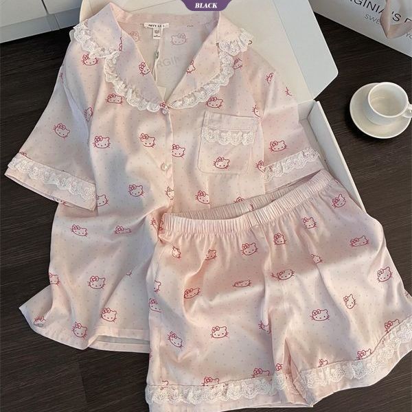 Sweet Lace Polka Dot Kitty Bộ Đồ Ngủ Nữ Mùa Hè Mới Quần Short Tay Ngắn Phần Mỏng Của Bộ Đồ Quần Áo Gia Đình [BL]