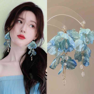 Siêu Cổ Tích Độc Đáo Kỳ Nghỉ Niche Bông Tai Hoa Xanh Nữ Phóng Đại Dài