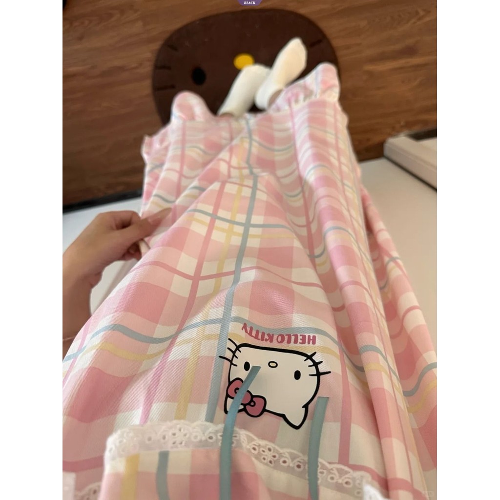 Váy ngủ kẻ sọc Hello Kitty dễ thương nữ mùa hè mới không tay sling ren homewear [BL]