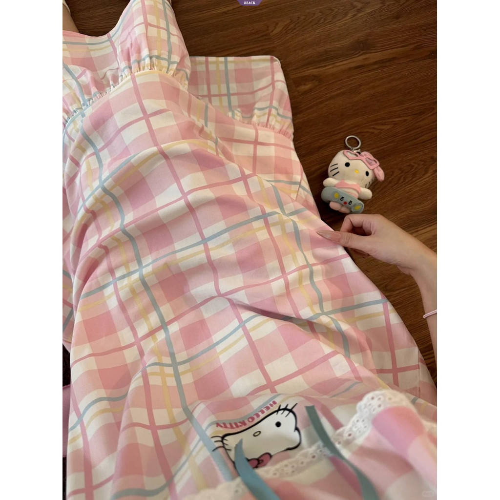 Váy ngủ kẻ sọc Hello Kitty dễ thương nữ mùa hè mới không tay sling ren homewear [BL]
