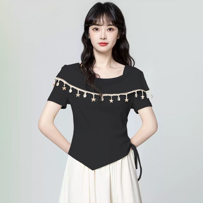 Áo Thun nữ Phong Cách Bohemian Mùa Hè 2025 Tay Ngắn Tua Rua Thiết Kế eo Hẹp Mỏng Hơn Nhìn Top