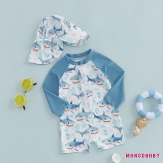 MG-Toddler Bé Trai Dài Tay Đồ Bơi In Hình Cá Mập Nửa Dây Kéo Chống Đập Rash Guard Đồ Bơi Sunhat Bộ