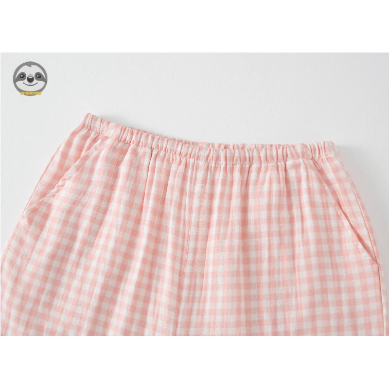 Phong cách Nhật Bản Muji Style / Bộ đồ ngủ kẻ sọc sợi hai lớp bằng vải Cotton Bộ ba mảnh / Có thể mặc quần Short ngắn tay bằng vải Cotton bên ngoài