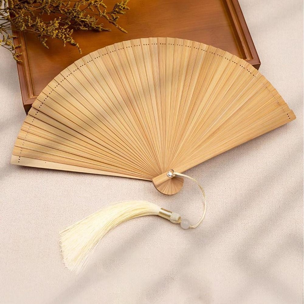 Quạt tre màu trơn FUHUIOT, Quạt gấp tua rua tinh tế phong cách Trung Quốc, Đạo cụ chụp ảnh với tua rua ngẫu nhiên Quạt cầm tay thanh lịch di động cổ điển Sườn xám Show