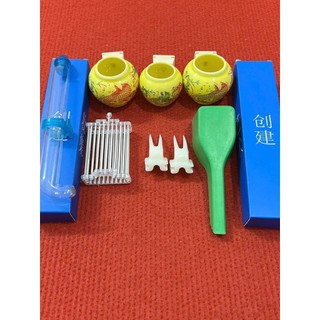 Combo Cóng sứ chào mào gắn sẵn tai tre (1 bộ cóng chợ ngẫu nhiên + 2 xiên tàu + 1 rọ + xúc nhựa + 2 cóng hút tàu)