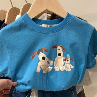 Áo thun ngắn tay cotton mới mùa hè cho bé trai, in hình chó hoạt hình, thoáng khí, áo xanh thường ngày cho trẻ nhỏ và bé trai nhỏ