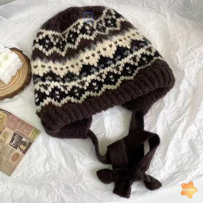 [KvJJL-t] 1PC Bảo Vệ Tai Thu Đông Phong Cách Đường Phố Mũ Dệt Kim Nữ Retro Kép Sử Dụng Túi Len Ấm Áp Mũ Mới