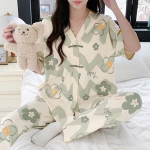 2024 Bộ Đồ Ngủ Mới Nữ Mùa Hè Quần Ngắn Tay Guofeng Cardigan Cổ Chữ V Mỏng Phù Hợp Với Mặc Ở Nhà