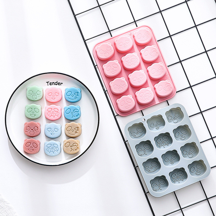 12 Khoang Biểu Hiện Khác Nhau Gấu Trúc Khuôn Silicon Hoạt Hình Mousse Món Tráng Miệng Khuôn Bánh Nhựa Khay Đá Thạch Khuôn Socola DIY Khuôn Nướng Bánh