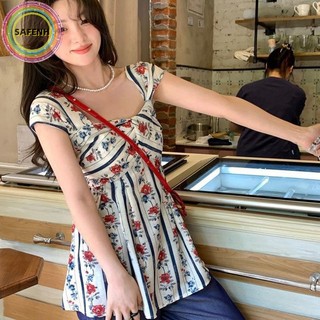 SAFENH Mùa Hè Nữ Retro Kẻ Sọc Hoa Cổ Vuông Không Tay Dễ Thương Thường Ngày Tank Top VN