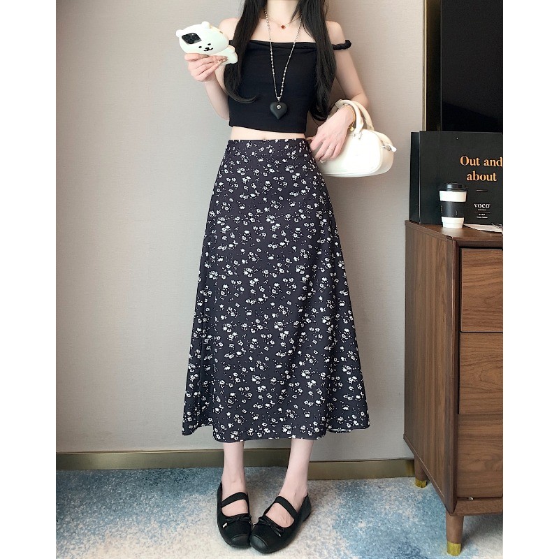 SUXI Váy chữ A họa tiết hoa lưng cao kiểu Hàn Quốc mới mùa hè 250603