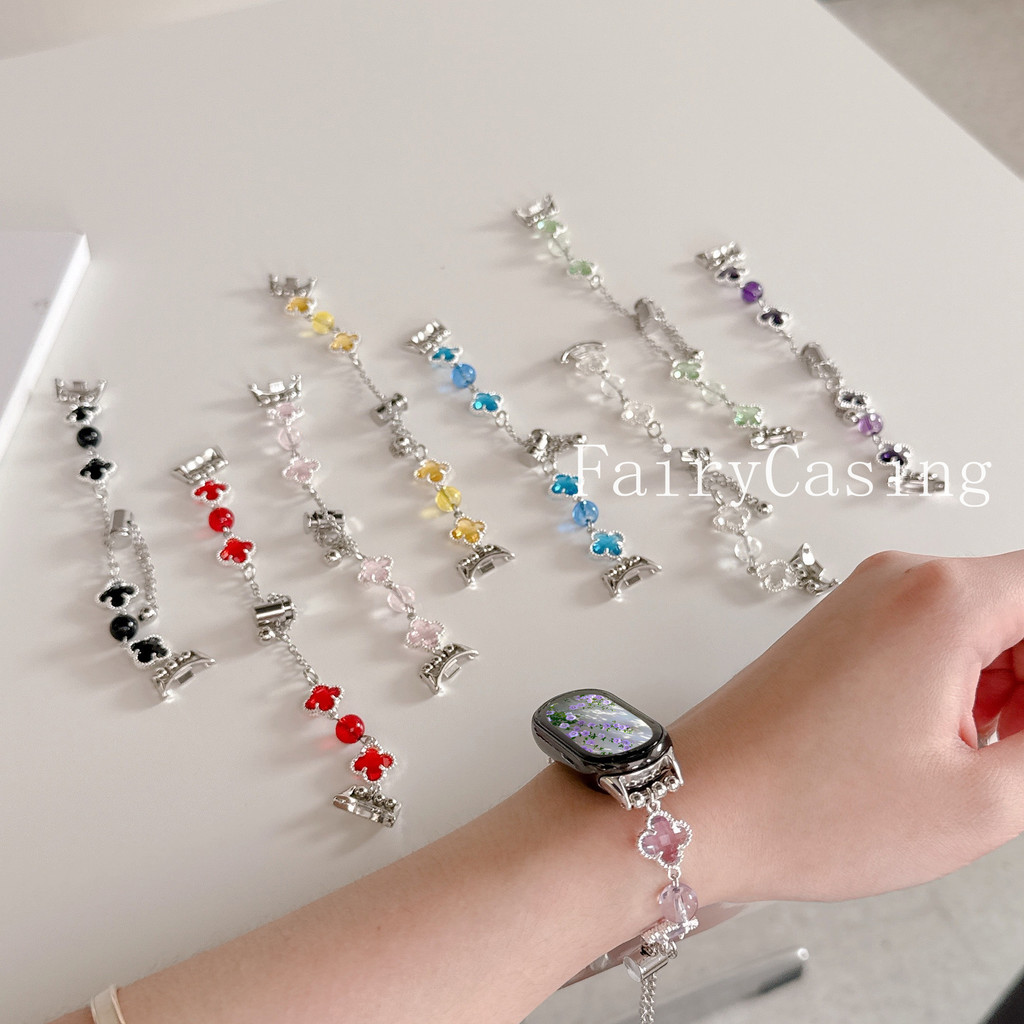 Dây đeo hạt pha lê cho Xiaomi Mi Band 10 9 8 Active 7 Pro 6 5 4 3 Dây đeo cổ tay sang trọng Long lanh Clover Vòng đeo tay không có đồng hồ