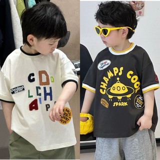 Áo thun ngắn tay cotton mùa hè cho bé trai, in chữ hoạt hình dễ thương, áo thường ngày cho trẻ em