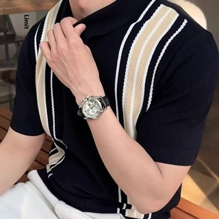 DICHUANGZHE Áo Sơ Mi Polo Tay Ngắn Dệt Kim Nhẹ Trưởng Thành Sọc Rời Top