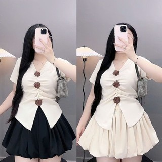 Áo bigsize nữ  kiểu tiểu thư tay ngắn đính hoa xinh phối chân váy có lót trong xòe cho nàng chuppy -A275+CV413