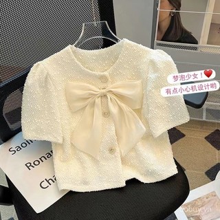 Áo blouse ngắn tay phồng thiết kế nơ nhẹ cho phụ nữ mùa hè 2025, thanh lịch và thoải mái cho buổi hẹn hò