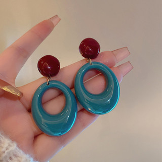 Retro Phong Cách Hồng Kông Vòng Tròn Màu Sắc Tương Phản Bông Tai Nữ Phong Cách Ngày Lễ Màu Xanh Niche Thiết Kế