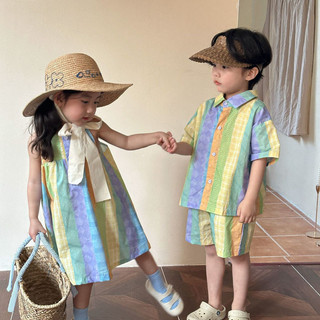 Trang phục mùa hè mới cho bé trai, váy ngắn tay cầu vồng cho bé gái, trang phục phù hợp cho anh chị em, bộ hai mảnh cho kỳ nghỉ
