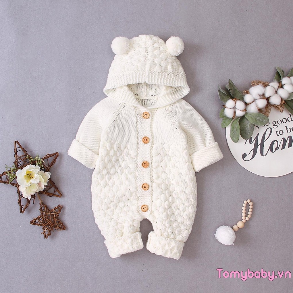 Bộ áo liền quần dài tay dệt kim màu trơn cho bé gái bé trai