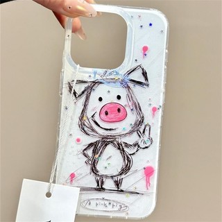 Ốp điện thoại hình heo con Graffiti Bier Line màu trắng dễ thương Thích hợp cho iPhone16 15 14 13 Pro max Bảo vệ Camera chống sốc Vỏ cứng chống rơi