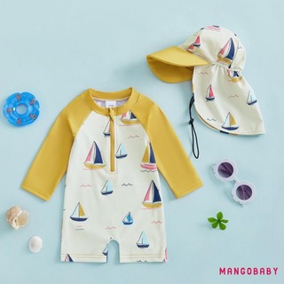 MG-Toddler Boy Rash Guard Đồ bơi có mũ 2 chiếc Bộ thuyền buồm in hình Zip Up dài tay cổ tròn Đồ bơi bé trai