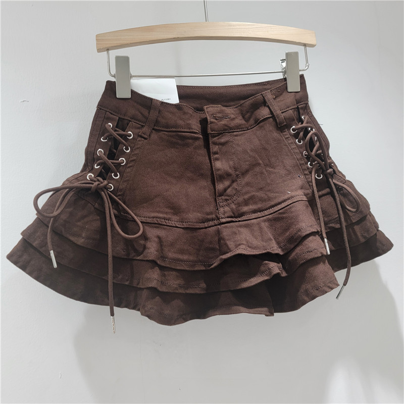 Cao Cấp Xù Xếp Ly Váy Bánh Hot Girl Váy Ngắn Mỹ Retro Denim Váy Nữ