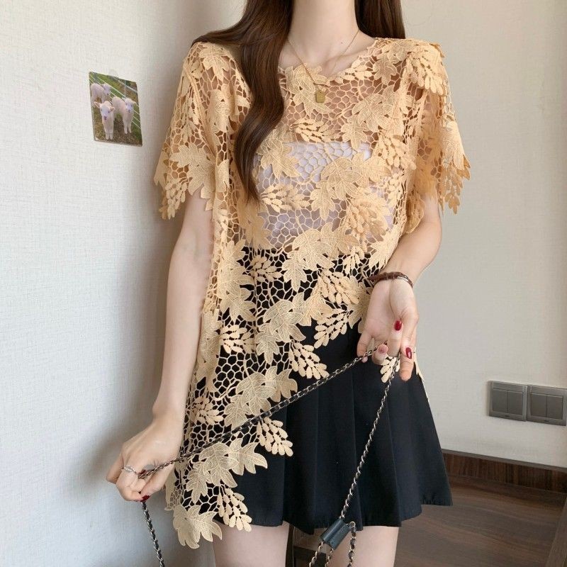 ✨Mùa Hè 2025 Rỗng Áo Sơ Mi Ren Tay Ngắn Plus Kích Thước Béo mm Không Đều Rời Bao Bụng Áo Top 25.5.22
