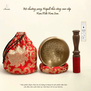 Bộ chuông tụng kinh Nepal thủ công cao cấp Họa Tiết Hoa Sen - CXNP23 - Chuông xoay Tây Tạng- Mõ Tụng Kinh
