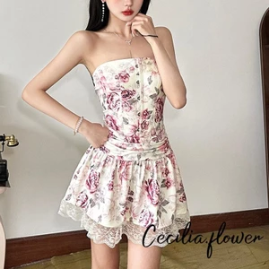 Váy Mini hoa nữ có viền ren - Thắt lưng xếp chữ A thường ngày mùa hè
