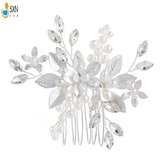 Lược chải tóc lá ngọc trai & bạc Phụ kiện tóc hợp kim sang trọng với ngọc trai Đồ trang trí trang trí tóc cô dâu